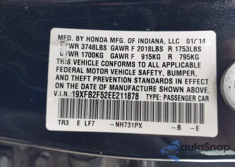 2014 Honda Civic Lx z USA, uszkodzony, nr VIN 19XFB2F52EE211878